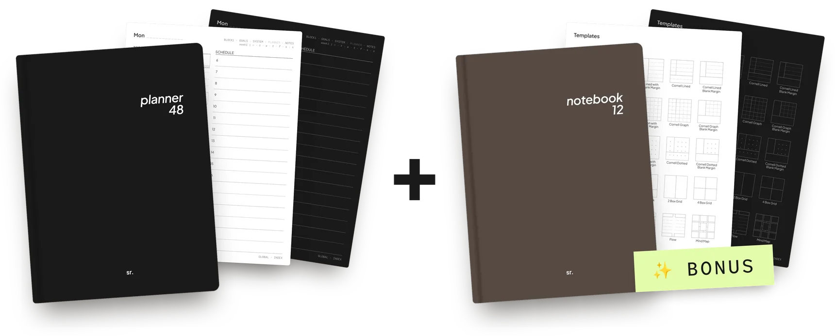 planner48 and the bonus notebook12, each in Light and Dark