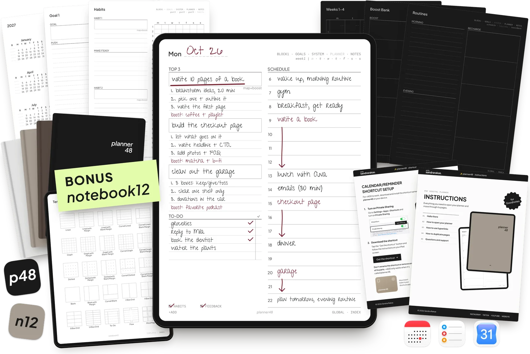 planner48 pages in Light and Dark mode, a filled-in daily page with map + boost, the bonus notebook12, and the setup guides