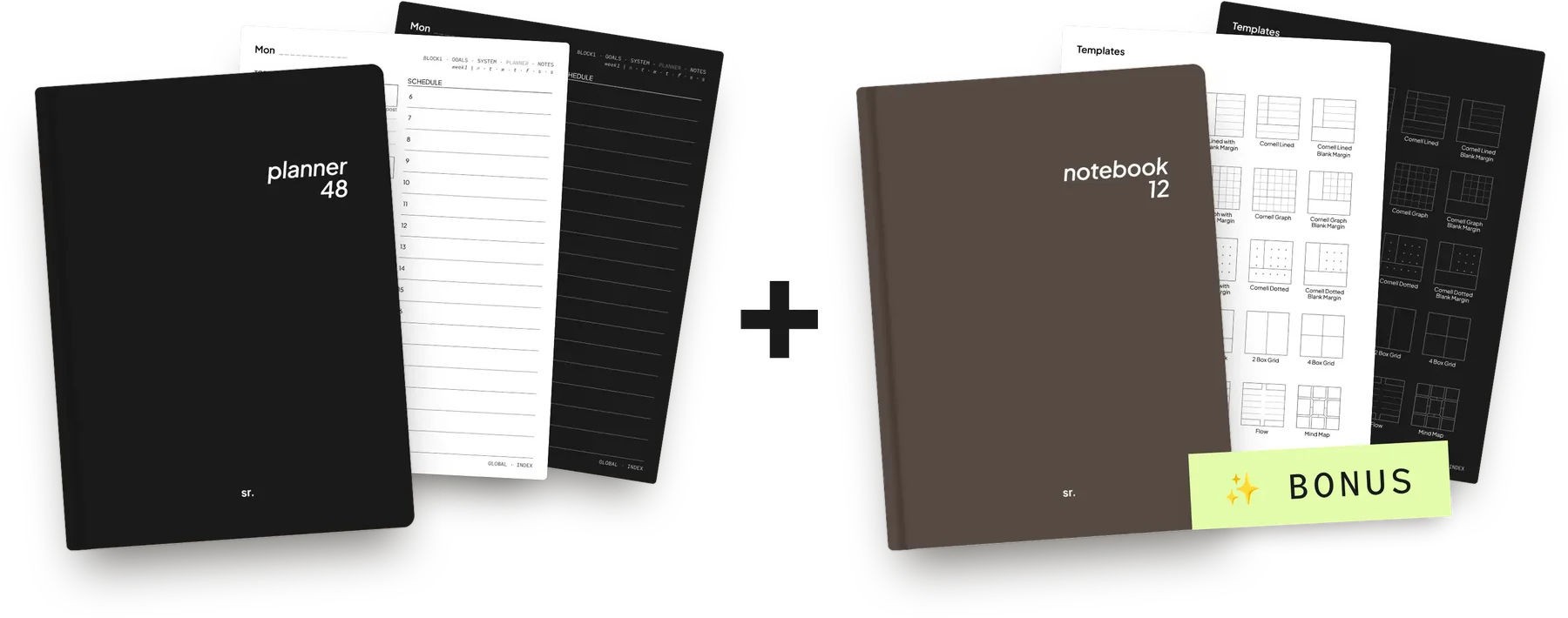 planner48 and the bonus notebook12, each in Light and Dark