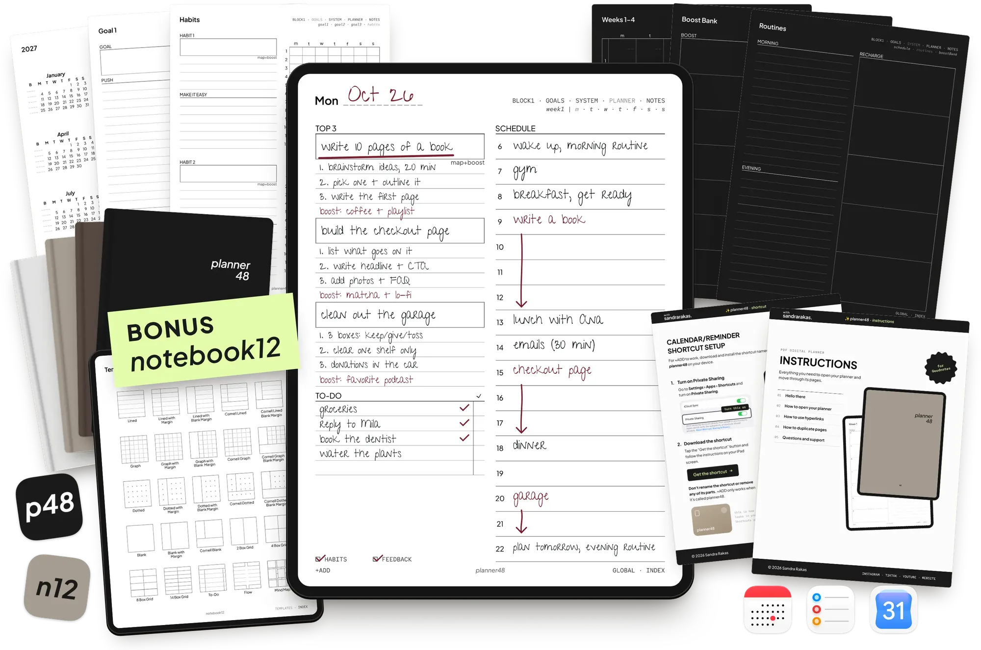 planner48 pages in Light and Dark mode, a filled-in daily page with map + boost, the bonus notebook12, and the setup guides