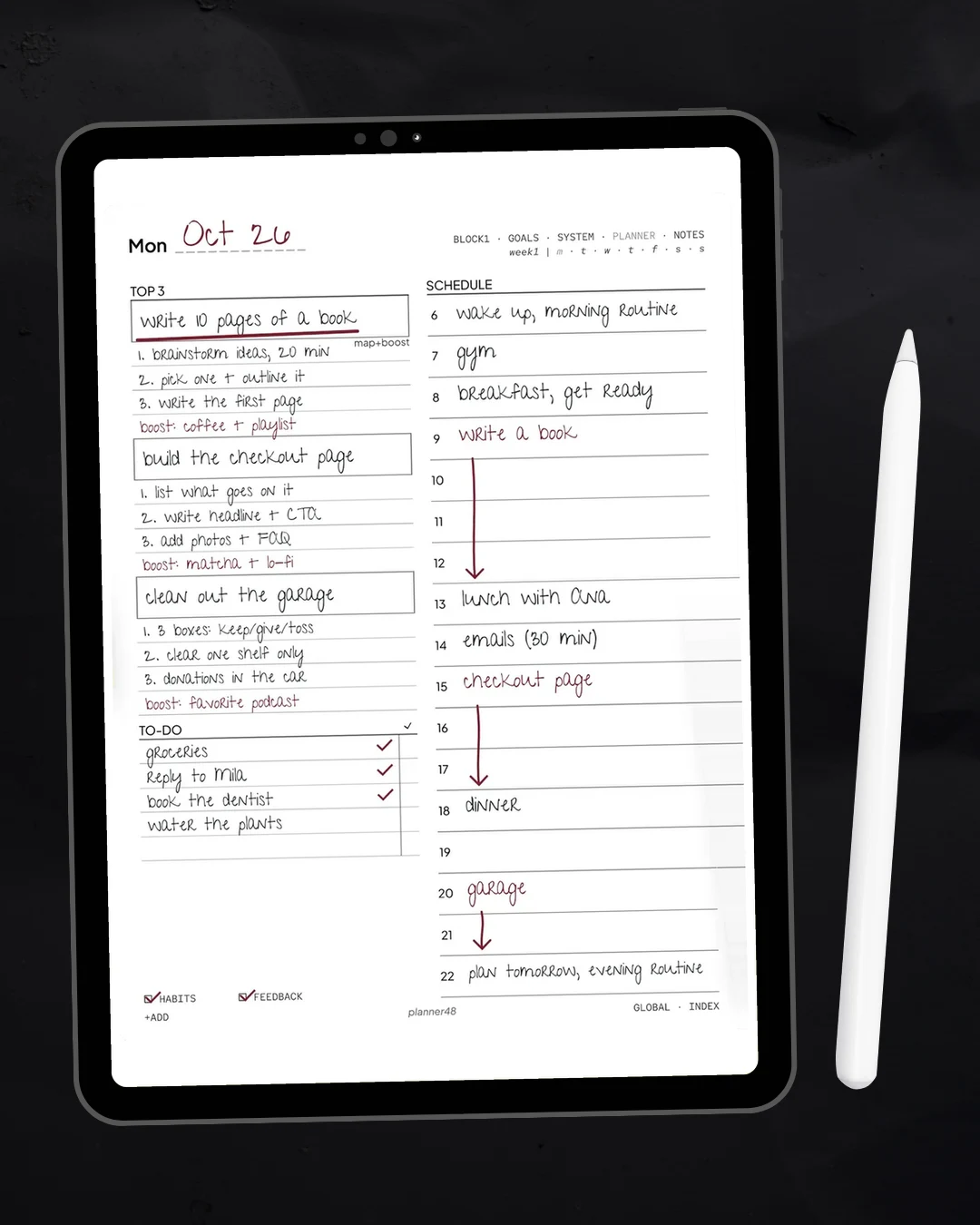 planner48 daily page with map + boost on an iPad